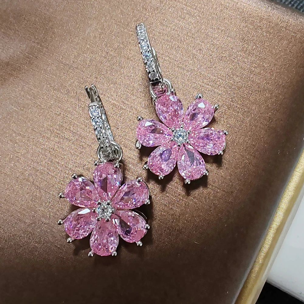 Pink Flower Sparkling Zircon Silver Drop Earrings for Women Vintage Jewelry Wedding Engagement Hoop Earrings Gifts
