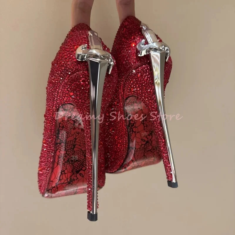 Red Shiny Rhinestone Sword Shaped Stiletto Pumps
