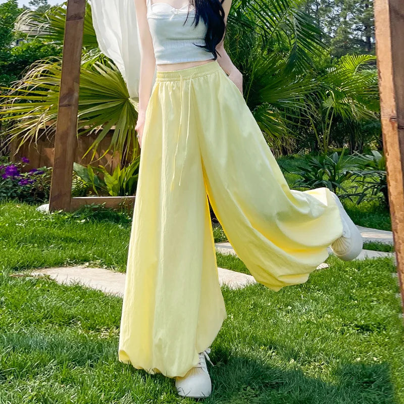 Women's Oversized High Waist Wide Leg Pants Spring Summer Solid Color Casual Cropped Pants Woman Loose Puffy Lantern Trousers