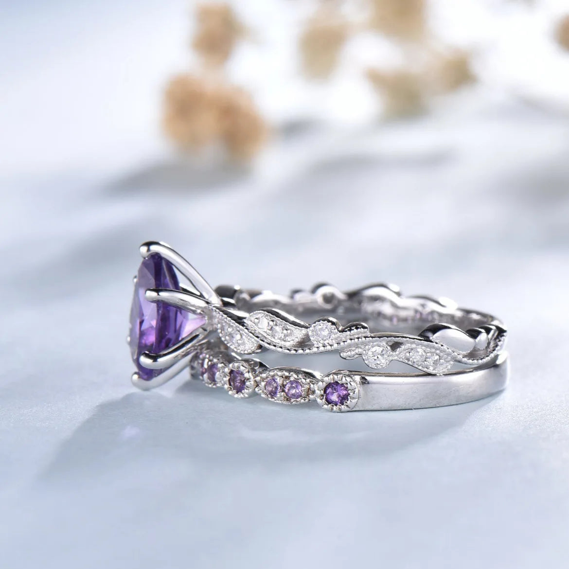 New Silver Plated Rings set For Women Geometric Amethyst Jewelry Wedding Engagement Ring Wholesale Size 6-10