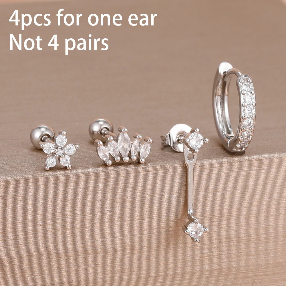 4pcs Stainless Steel Zircon Water Drop Earrings Set