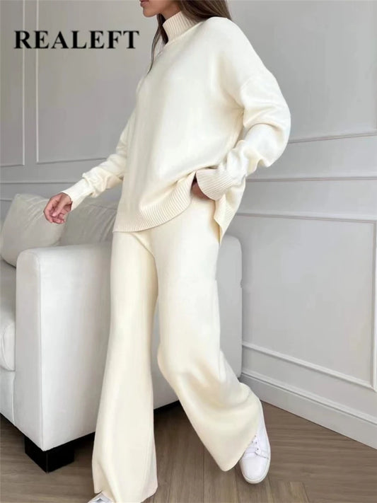 Winter 2 Pieces Women Sets Knitted Tracksuit Turtleneck Sweater and Straight Jogging Pants Suits