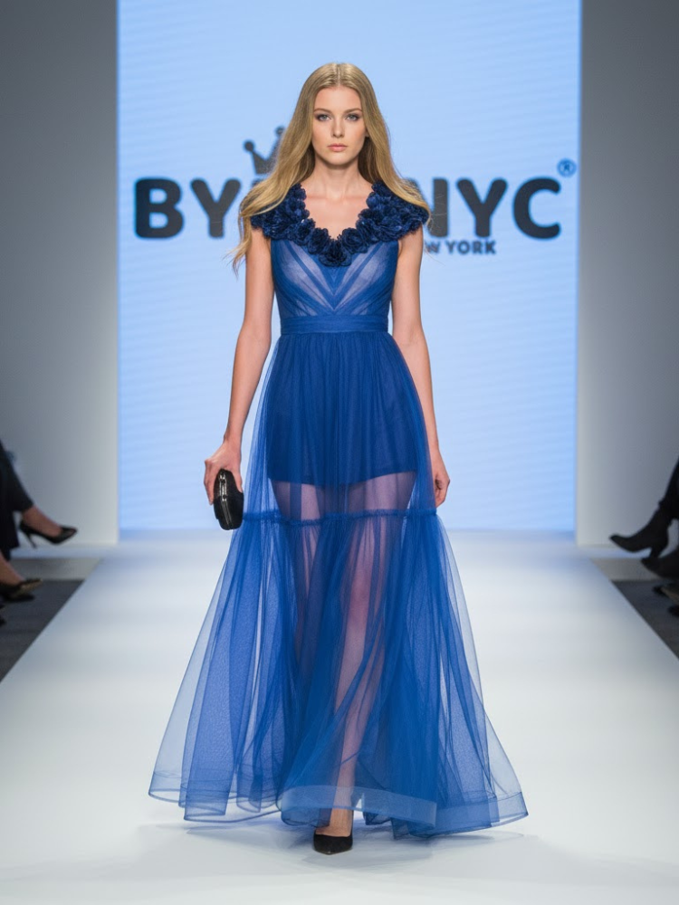 Sheer Tulle Long Dress BLUE - TRIBECA: Prêt-à-Porter Line BYMANYC ® New York-0