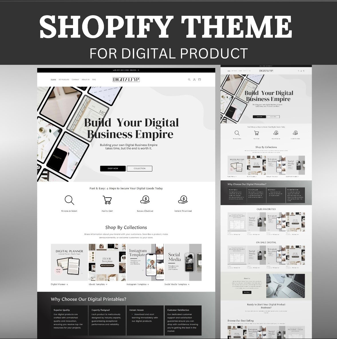 Shopify theme for digital product with website layout on a gray background