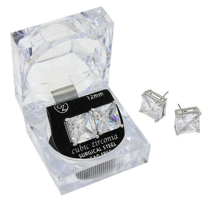 12mm Square Crystal Cubic Zirconia Stud Earrings in Clear Gift Box - Ready to Gift