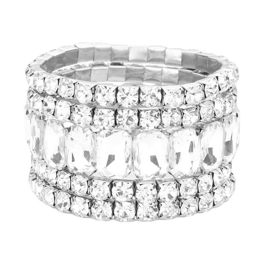 5Pcs Rectangle Round Stone Stretch Multi Layered Bracelets