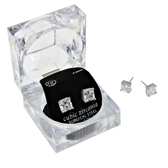 7mm Square Crystal Cubic Zirconia Stud Earrings in Clear Gift Box - Ready to Gift