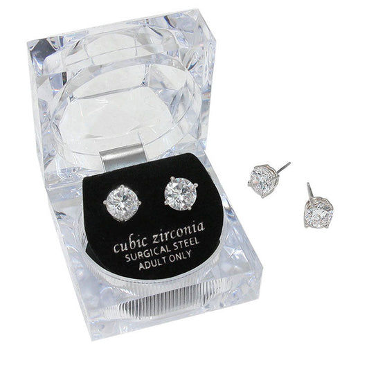 8mm Round Crystal Cubic Zirconia Stud Earrings in Clear Gift Box - Ready to Gift