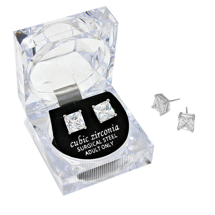 8mm Square Crystal Cubic Zirconia Stud Earrings in Clear Gift Box - Ready to Gift