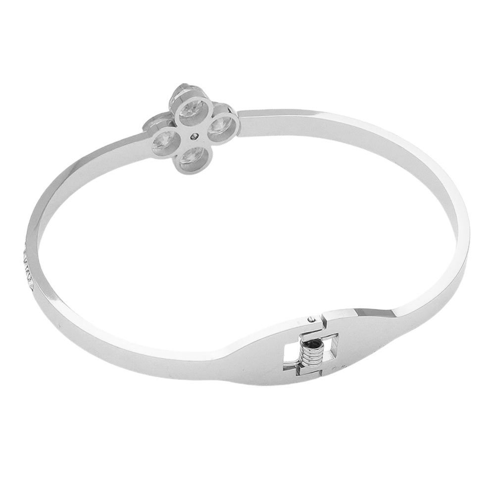 Stainless Steel CZ Stone Clover Pointed Hinged Bangle Bracelet