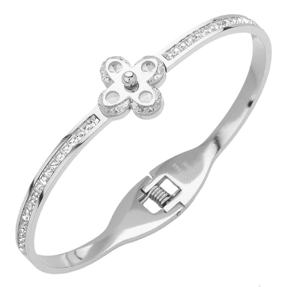 Stainless Steel CZ Stone Clover Pointed Hinged Bangle Bracelet