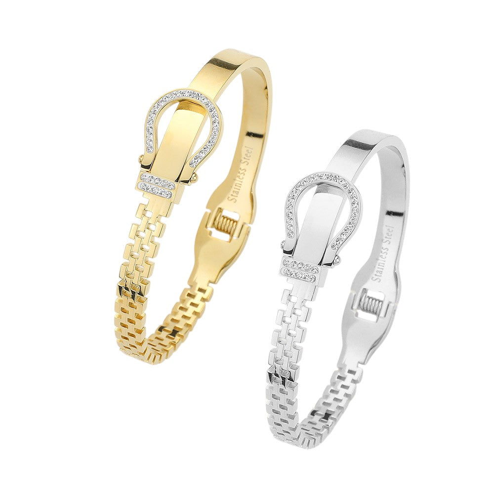 Stainless Steel Rhinestone Belt Buckle Hinged Bangle Bracelet
