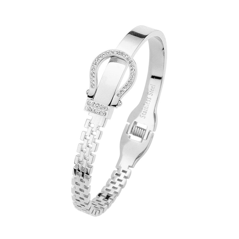 Stainless Steel Rhinestone Belt Buckle Hinged Bangle Bracelet