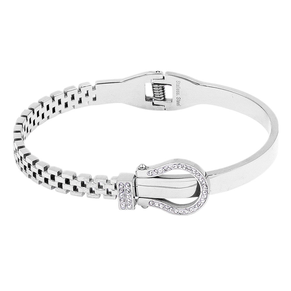 Stainless Steel Rhinestone Belt Buckle Hinged Bangle Bracelet