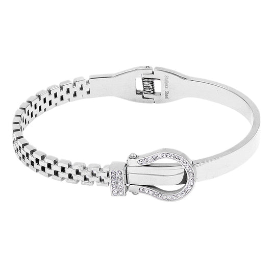 Stainless Steel Rhinestone Belt Buckle Hinged Bangle Bracelet