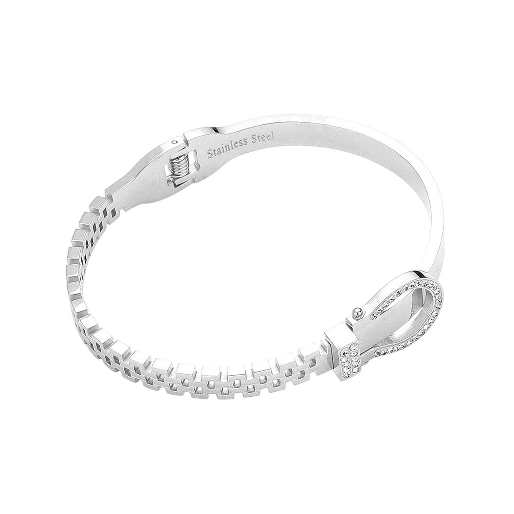 Stainless Steel Rhinestone Belt Buckle Hinged Bangle Bracelet