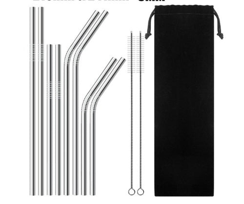 Silver Set of eco friendly stainless steel metal straws with cleaning brush and black pouch on a white background