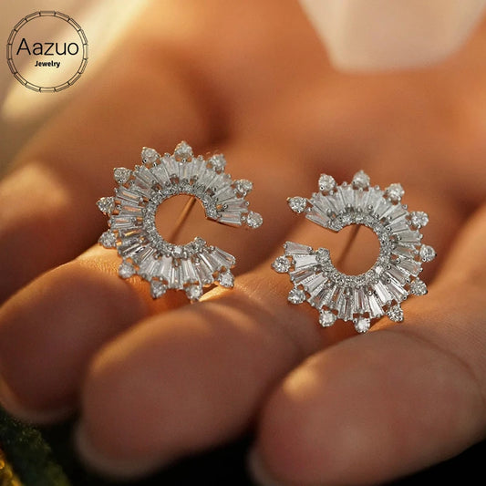 Silver earrings held between fingers with 'Aazuo Jewelry' branding. 18K White Gold 1.18ct Diamond Sunflower Stud Earring – Radiant Luxury for Every Celebration

Inspired by the way sunflowers turn toward the light, this exquisite stud earring captures that same radiant energy in a timeless design. Crafted in 18K solid white gold and set with real diamonds, it brings a luminous sparkle to weddings, parties, and every unforgettable moment in between. Whether you’re treating yourself or gifting someone special