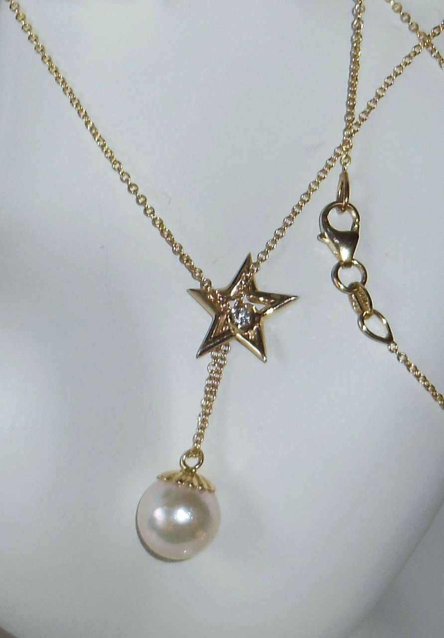 Delicate Star, Diamond & Pearl necklace in Sterling Silver-0