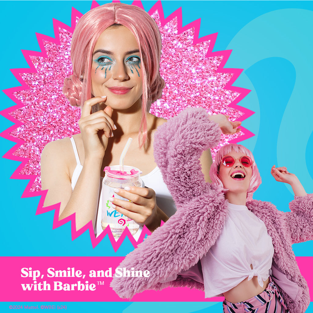 Two people with pink hairstyles and outfits against a blue and pink background with a 'We' cup.