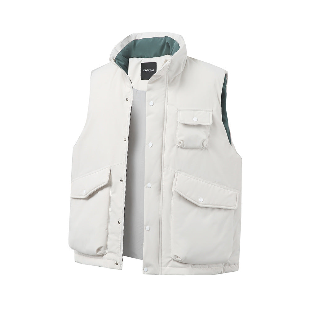 White vest with pockets on a white background. Sleeveless Camisole Workwear Vest