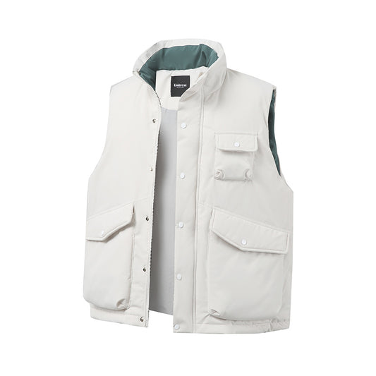 White vest with pockets on a white background. Sleeveless Camisole Workwear Vest
