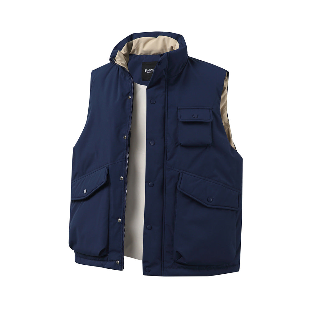Navy blue men's insulated utility puffer vest with stand collar, zip and snap front closure, multiple cargo pockets, lightweight quilted sleeveless outerwear for work, hiking, camping, travel, and everyday casual wear.