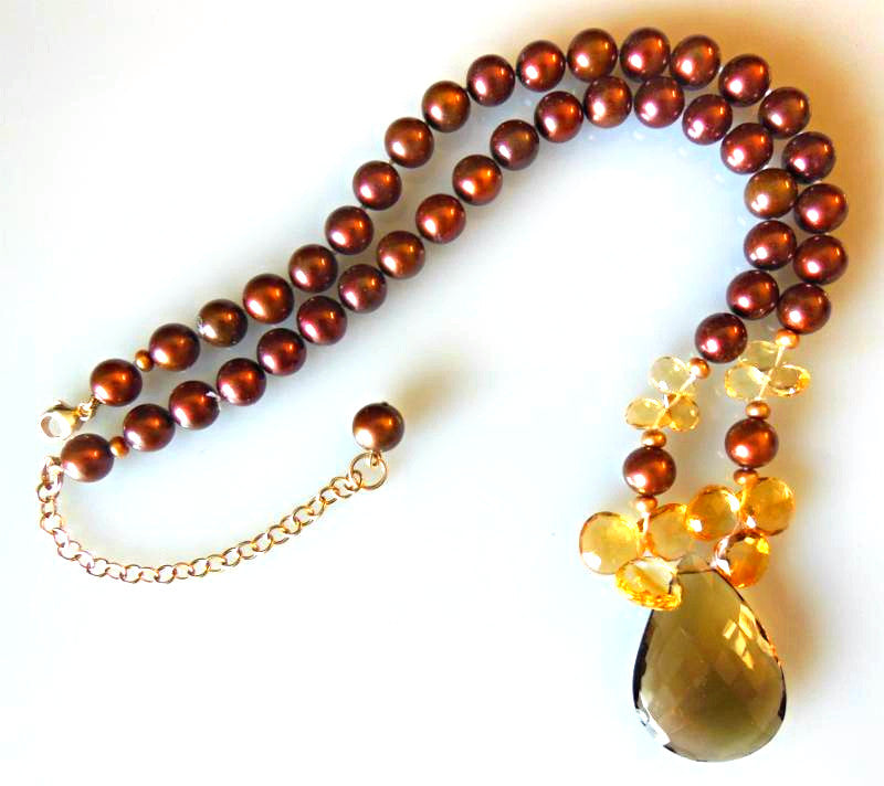 Smoky and citrine on chocolate pearls.-1
