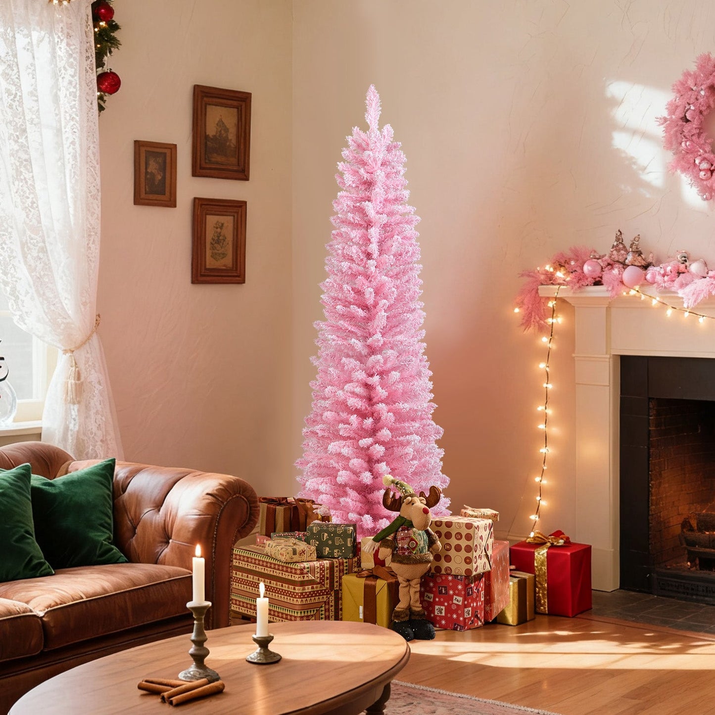 Snow Flocked 7 FT Artificial Pink Xmas Tree with 635 Branch Tips