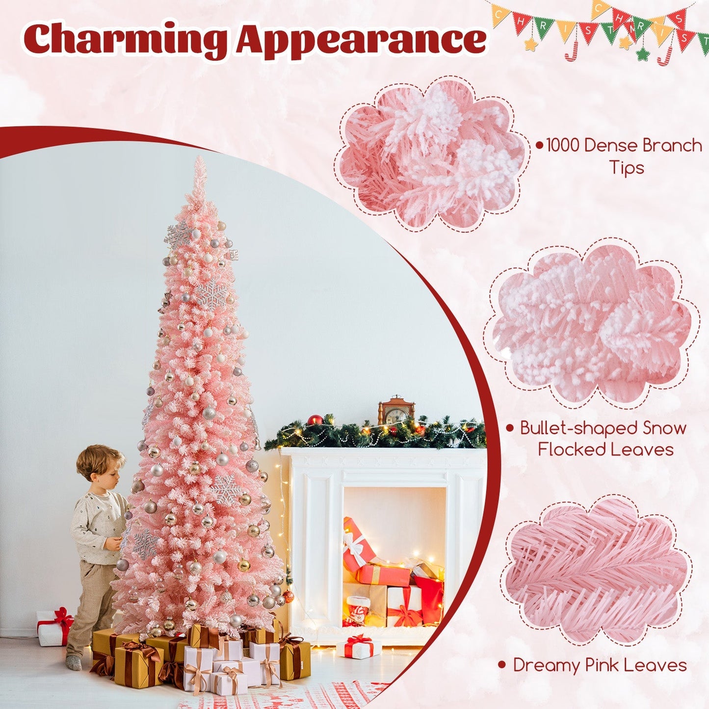 Snow Flocked 7 FT Artificial Pink Xmas Tree with 635 Branch Tips