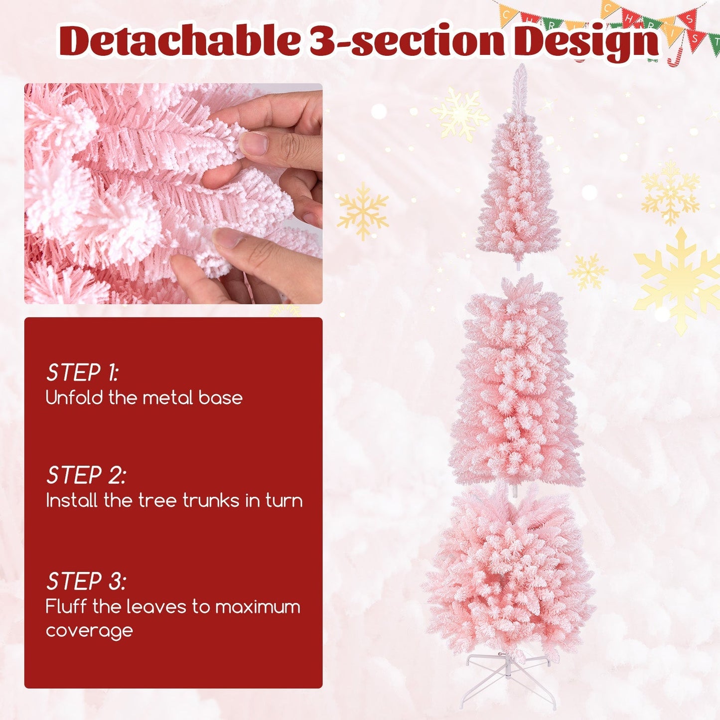 Snow Flocked 7 FT Artificial Pink Xmas Tree with 635 Branch Tips
