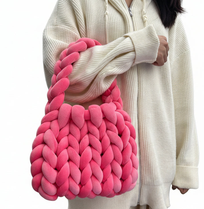 Soft Handmade Chunky Yarn Crochet Bag - Hand Woven pink chunky yarn bag chunky thick yarn bag