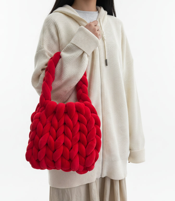 Soft Handmade Chunky Yarn Crochet Bag - Hand Woven pure red bag chunky thick yarn bag