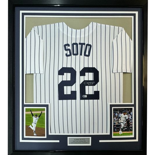Framed Autographed/Signed Juan Soto 35x39 New York Pinstripe Baseball Jersey Beckett BAS COA