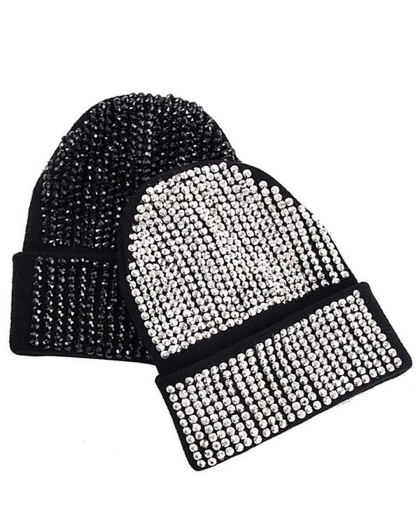 Sparkly Rhinestone Patch Bedazzled Beanies in black and silver