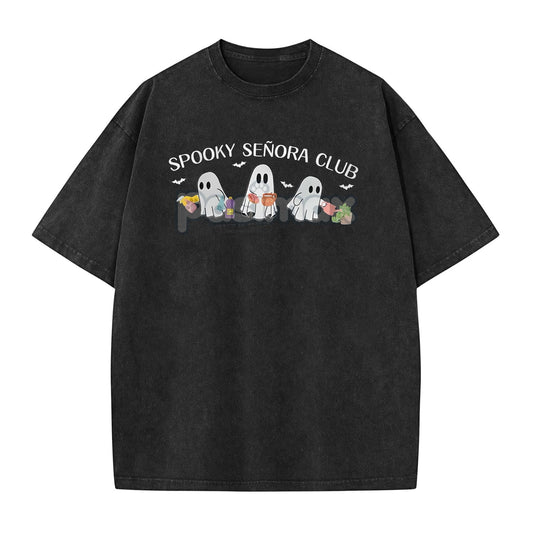 "Spooky Señora Club" Vintage Acid Wash T-Shirt – Unisex Graphic Shirt, Retro Vibe
