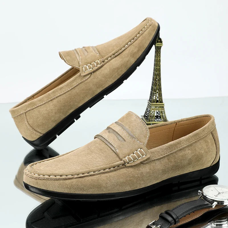 Spring Summer Suede Men Loafers Comfortable Flat Casual Shoes Men Breathable Slip-On Soft Genuine Leather Driving Shoes Moccasin
