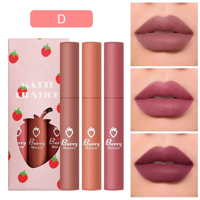 3 Colors Strawberry Matte Lipstick - Long Lasting Velvet Finish