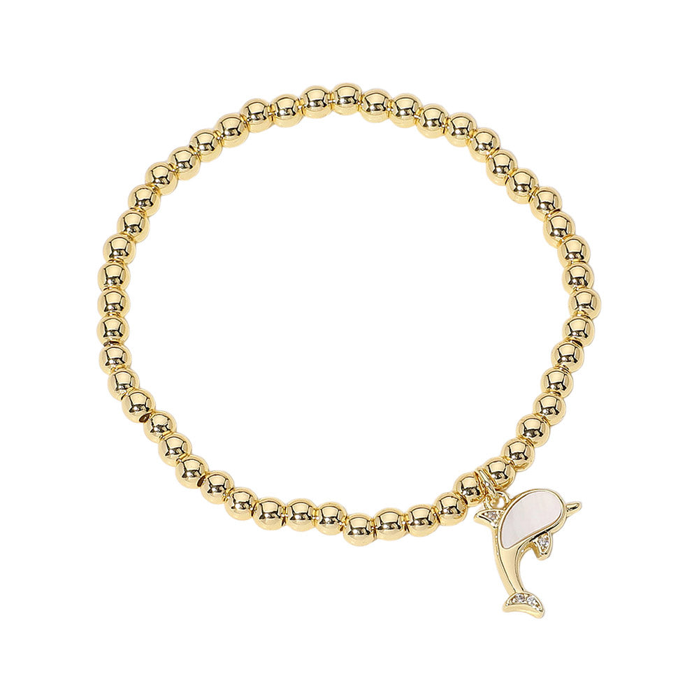 Stainless Steel Ball Mother of Pearl Dolphin Stretch Bracelets