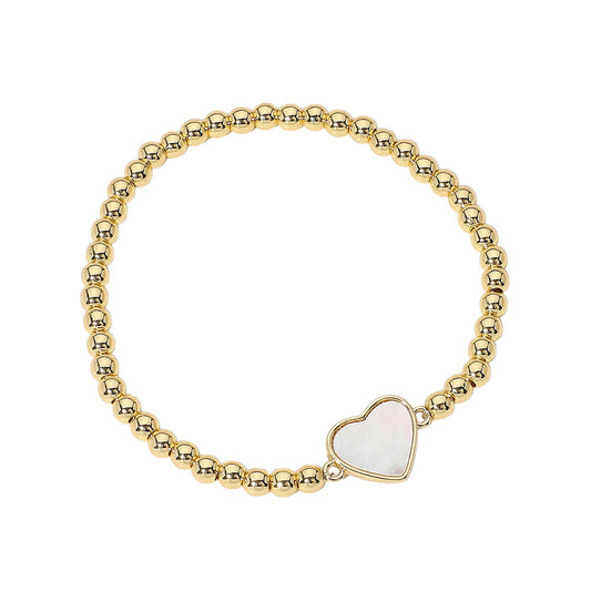 Stainless Steel Ball Mother of Pearl Heart Beaded Bracelet