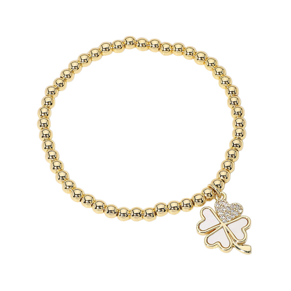 Stainless Steel Stone Mother of Pearl Clover Stretch Bracelet