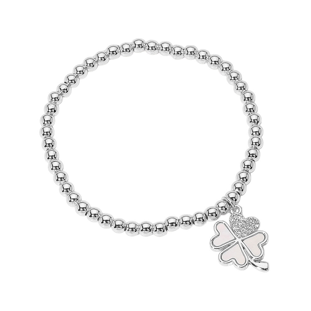 Stainless Steel Stone Mother of Pearl Clover Stretch Bracelet