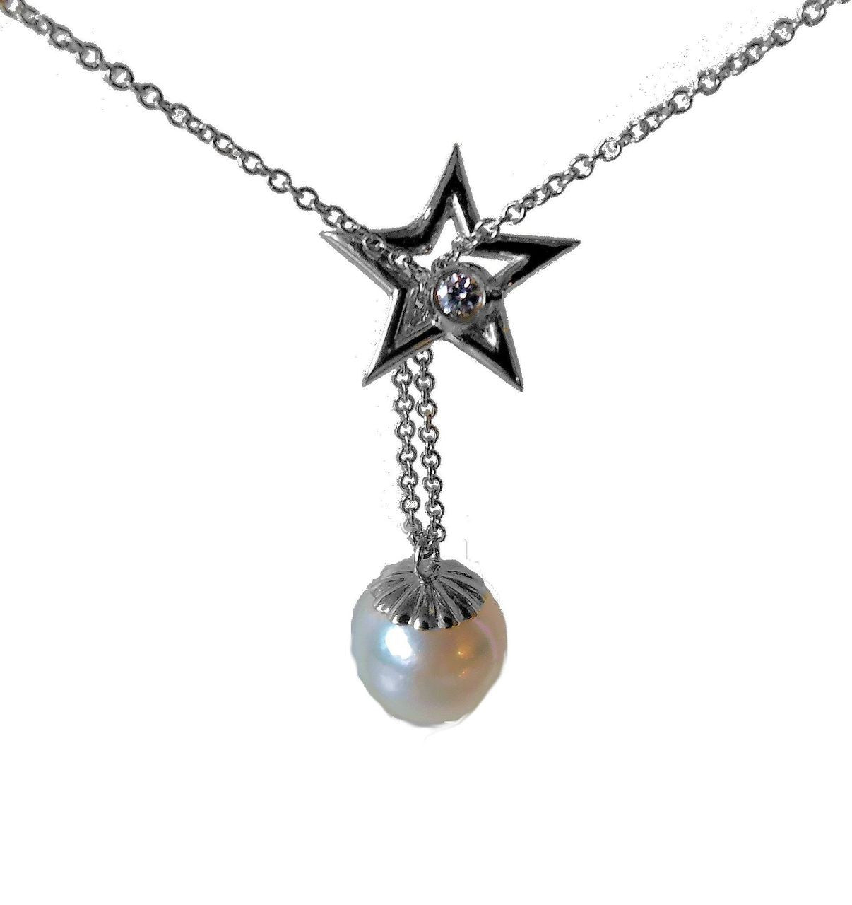 Delicate Star, Diamond & Pearl necklace in Sterling Silver-6