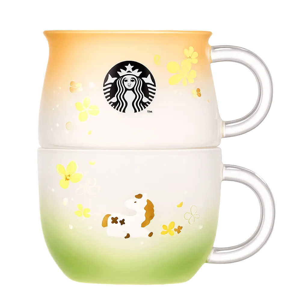Starbucks mug with gradient design and floral patterns on a white background