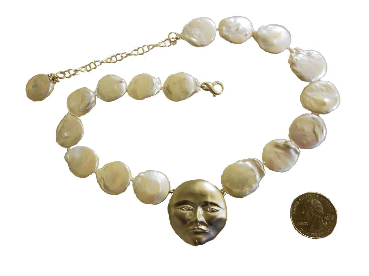 Sterling Silver Face with 18K gold plate, Diamond Eyes, Huge coin pearl necklace.  Someone to Watch Over Me-Sun/Moon Collection-8
