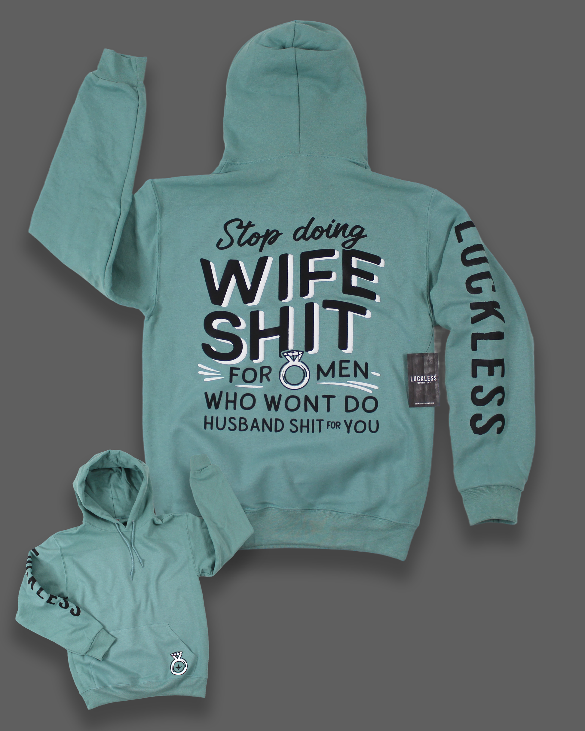 Teal hoodie with graphic text on a gray background
