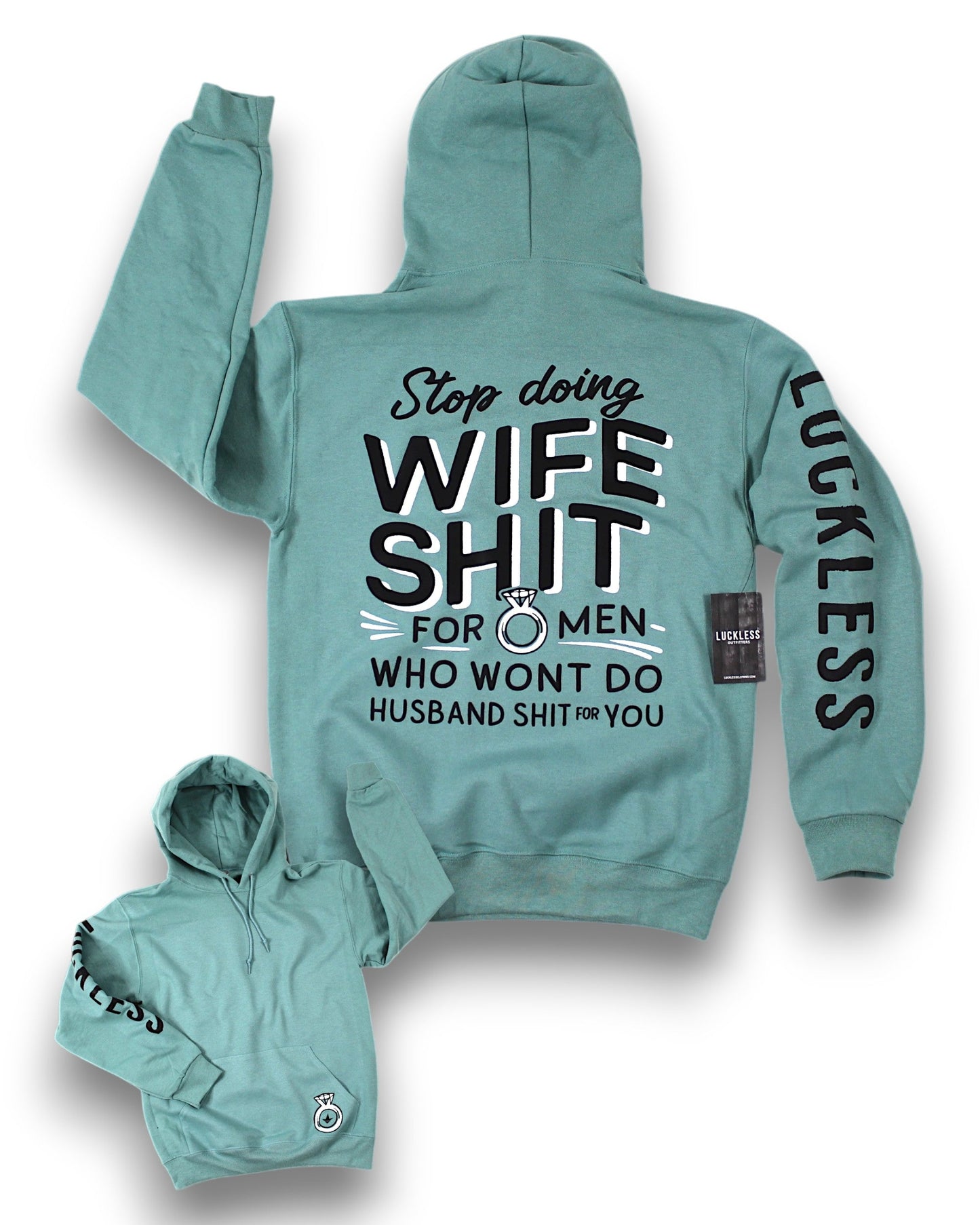 Teal hoodie with text on a white background
