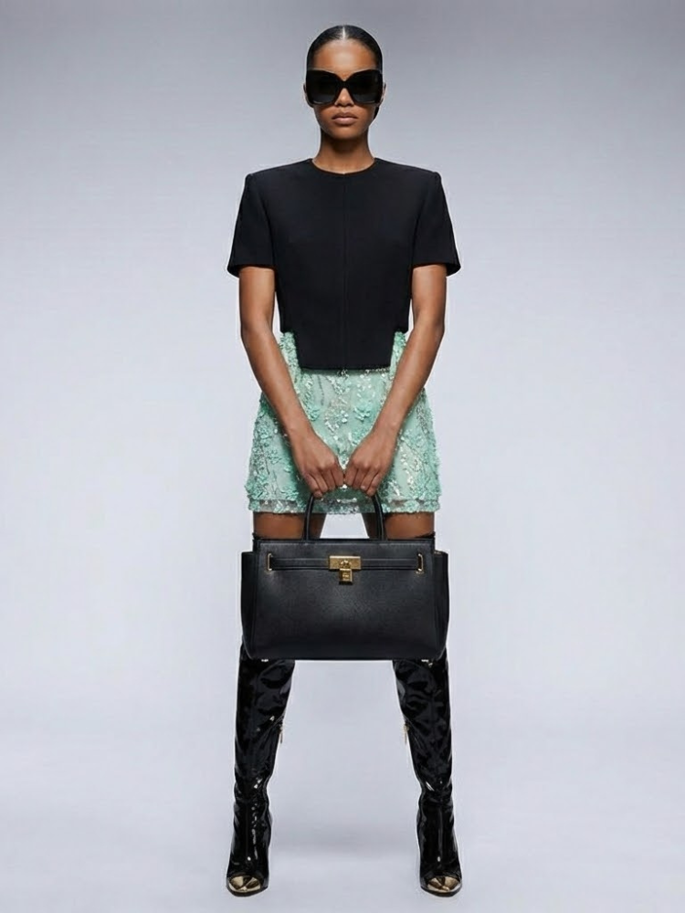 Structured Tweed Mini Skirt with Embroidered Roses & Crystals • BYMANYC ® New York-1
