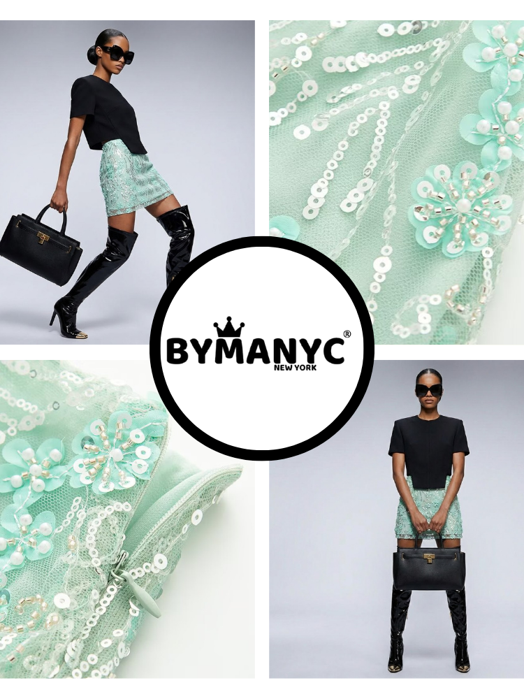 Structured Tweed Mini Skirt with Embroidered Roses & Crystals • BYMANYC ® New York-2