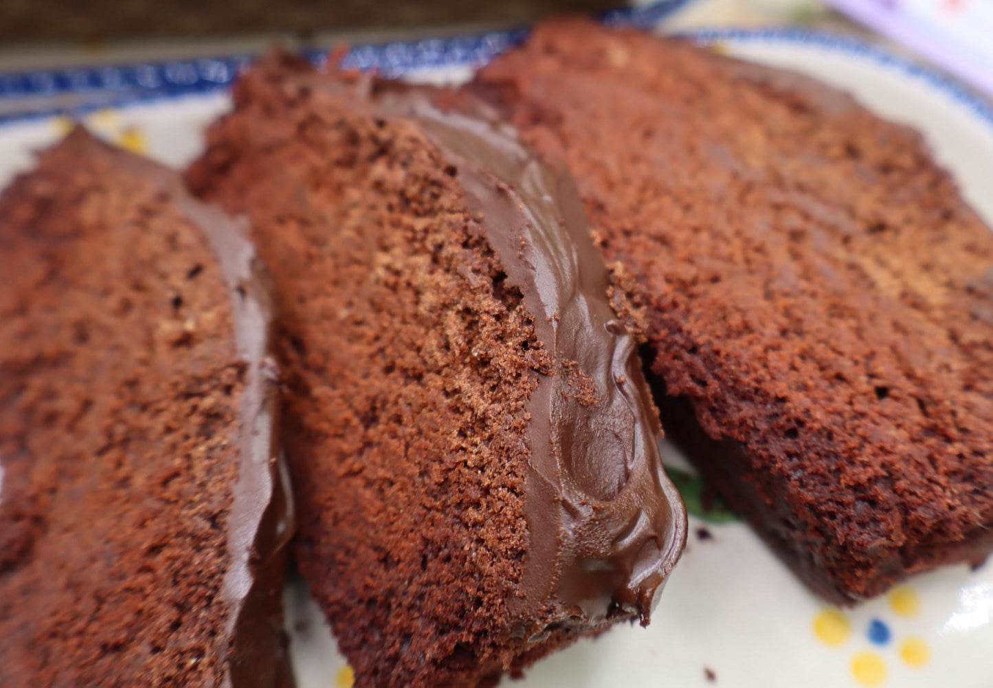 Chocolate cake slices on a decorative plate